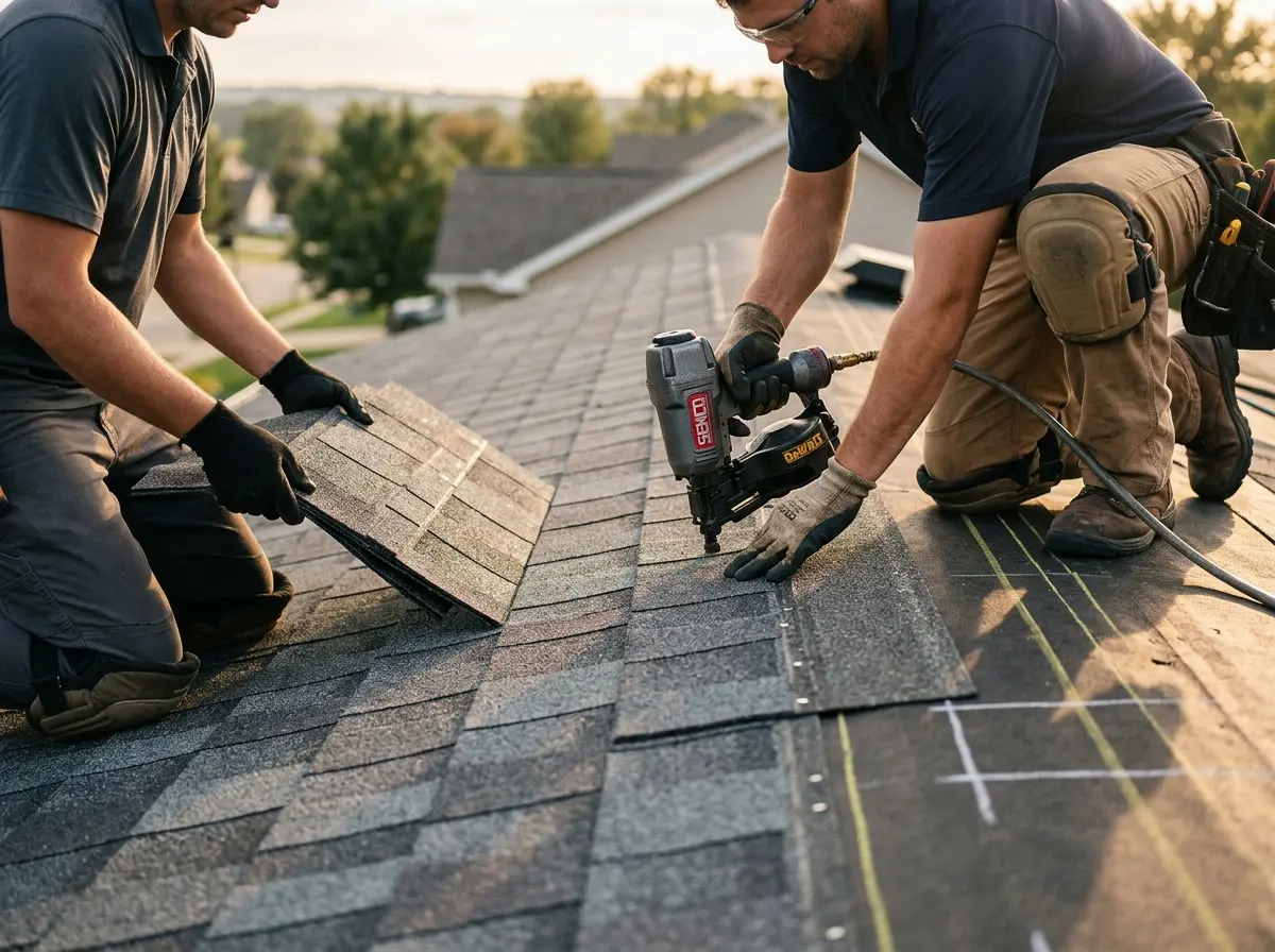 Professional roofer working on a residential roof in Sanibel